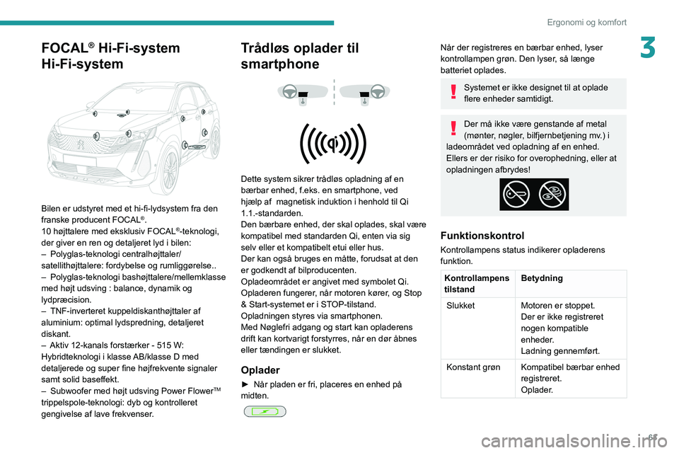 PEUGEOT 5008 2021 Brugsanvisning (in Danish) 63
Ergonomi og komfort
3FOCAL® Hi-Fi-system
Hi-Fi-system
Bilen er udstyret med et hi-fi-lydsystem fra den
franske producent FOCAL®.
10 højttalere med eksklusiv FOCAL®-teknologi,
der giver PEUGEOT 5008 2021 Brugsanvisning (in Danish) 63
Ergonomi og komfort
3FOCAL® Hi-Fi-system
Hi-Fi-system
Bilen er udstyret med et hi-fi-lydsystem fra den
franske producent FOCAL®.
10 højttalere med eksklusiv FOCAL®-teknologi,
der giver