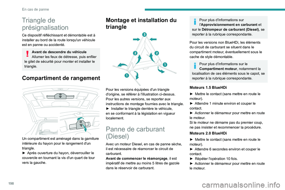 PEUGEOT 5008 2021  Manuel du propriétaire (in French) 198
En cas de panne
Triangle de présignalisation
Ce dispositif réfléchissant et démontable est à 
installer au bord de la route lorsqu'un véhicule 
est en panne ou accidenté.
Avant de desce