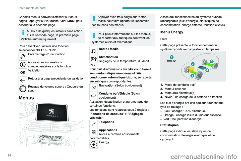 PEUGEOT 5008 2021  Manuel du propriétaire (in French) 24
Instruments de bord
Certains menus peuvent s'afficher sur deux 
pages  : appuyer sur la touche " OPTIONS" pour 
accéder à la seconde page.
Au bout de quelques instants sans action  su