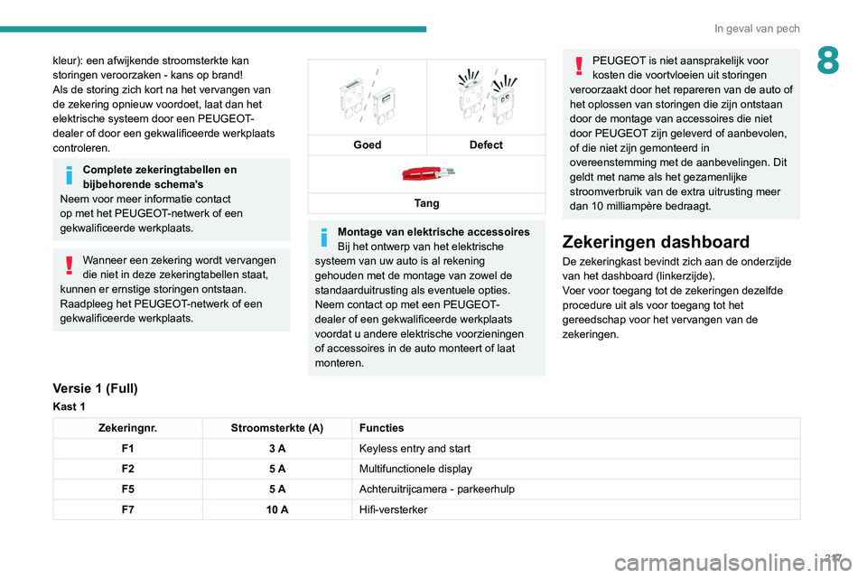 PEUGEOT 5008 2021 Instructieboekje (in Dutch) 217
In geval van pech
8kleur): een afwijkende stroomsterkte kan
storingen veroorzaken - kans op brand!
Als de storing zich kort na het vervangen van
de zekering opnieuw voordoet, laat dan het
elekt PEUGEOT 5008 2021 Instructieboekje (in Dutch) 217
In geval van pech
8kleur): een afwijkende stroomsterkte kan
storingen veroorzaken - kans op brand!
Als de storing zich kort na het vervangen van
de zekering opnieuw voordoet, laat dan het
elekt