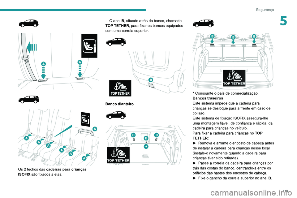PEUGEOT 5008 2021  Manual de utilização (in Portuguese) 111
Segurança
5
 
 
 
 
 
 
 
Os 2 fechos das cadeiras para crianças 
ISOFIX  são fixados a elas. –
 
O anel
   B, situado atrás do banco, chamado 
TOP TETHER, para fixar os bancos equipados 
co