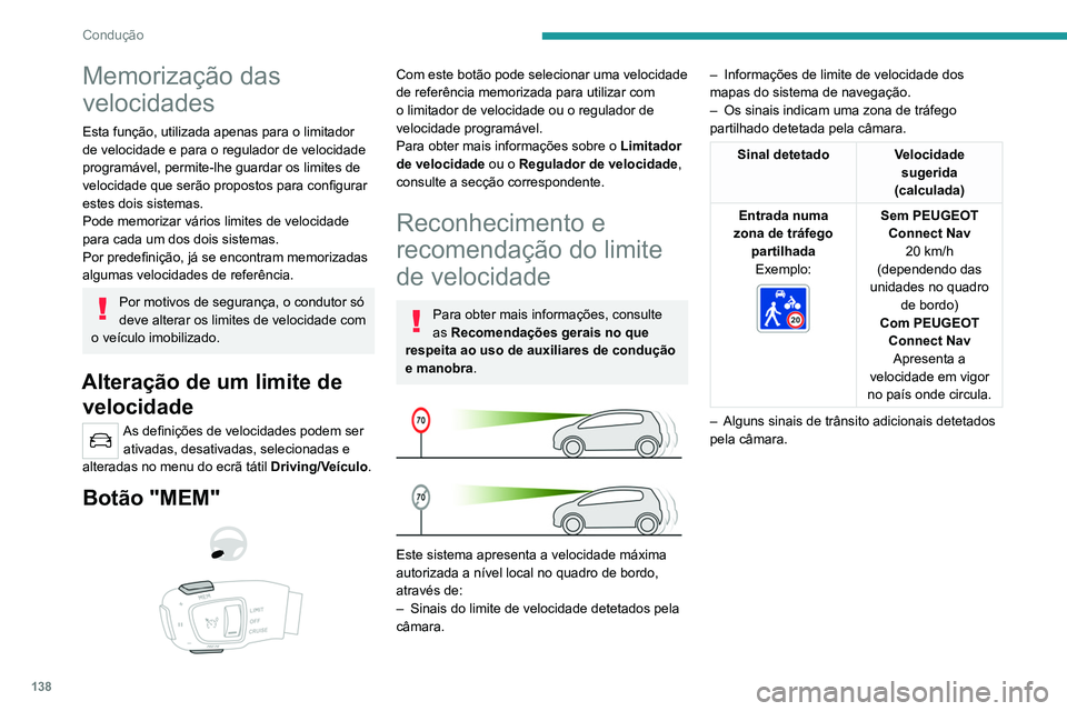 PEUGEOT 5008 2021  Manual de utilização (in Portuguese) 138
Condução
Memorização das 
velocidades
Esta função, utilizada apenas para o limitador 
de velocidade e para o regulador de velocidade 
programável, permite-lhe guardar os limites de 
velocid