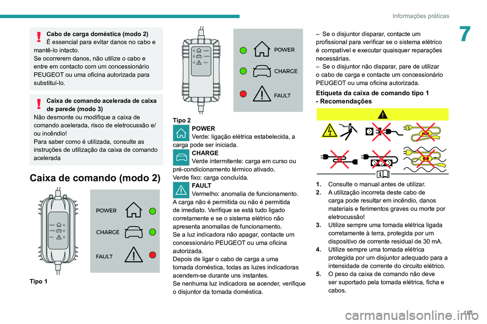PEUGEOT 5008 2021  Manual de utilização (in Portuguese) 181
Informações práticas
7Cabo de carga doméstica (modo 2)
É essencial para evitar danos no cabo e 
mantê-lo intacto. 
Se ocorrerem danos, não utilize o cabo e 
entre em contacto com um concess