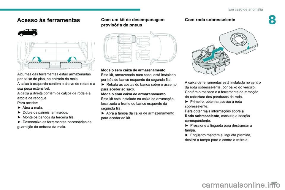 PEUGEOT 5008 2021  Manual de utilização (in Portuguese) 207
Em caso de anomalia
8Acesso às ferramentas 
 
 
 
Algumas das ferramentas estão armazenadas 
por baixo do piso, na entrada da mala.
A caixa à esquerda contém a chave de rodas e a 
sua peça ex