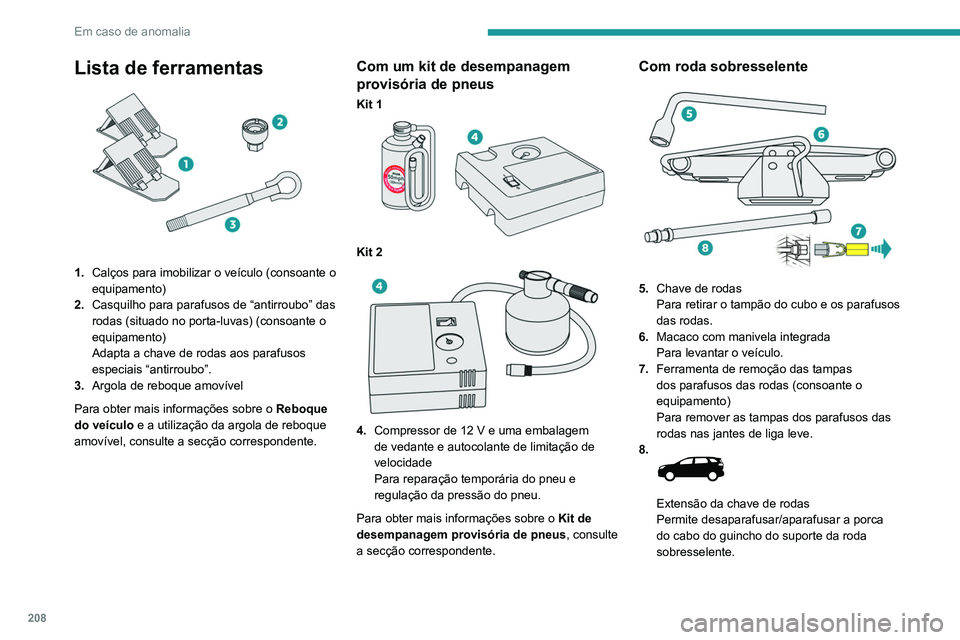 PEUGEOT 5008 2021  Manual de utilização (in Portuguese) 208
Em caso de anomalia
Para obter mais informações sobre a 
Roda sobresselente, consulte a secção 
correspondente.
Estas ferramentas são específicas para 
o seu veículo e podem variar consoant