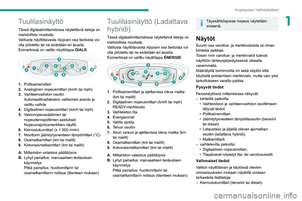 PEUGEOT 5008 2021 Omistajan Käsikirja (in Finnish) 9
Kojelaudan hallintalaitteet
1Tuulilasinäyttö
Tässä digitaalimittaristossa näytettäviä tietoja on
mahdollista muokata.
Valitusta näyttötavasta riippuen osa tiedoista voi
olla piilotettu ta PEUGEOT 5008 2021 Omistajan Käsikirja (in Finnish) 9
Kojelaudan hallintalaitteet
1Tuulilasinäyttö
Tässä digitaalimittaristossa näytettäviä tietoja on
mahdollista muokata.
Valitusta näyttötavasta riippuen osa tiedoista voi
olla piilotettu ta
