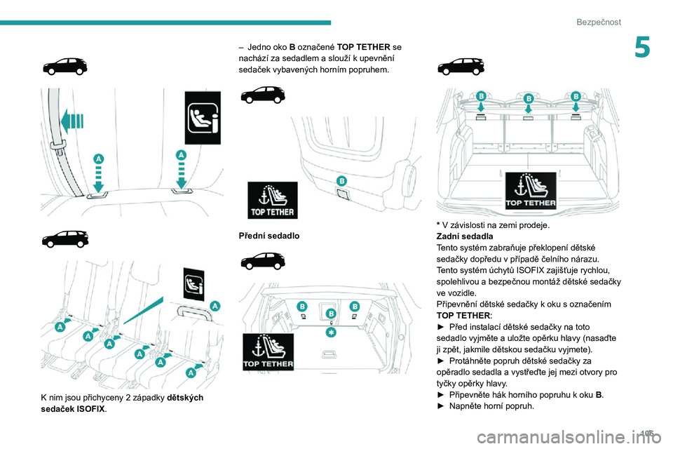 PEUGEOT 5008 2021  Návod na použití (in Czech) 105
Bezpečnost
5 
  
  
  
 
K nim jsou přichyceny 2 západky dětských 
sedaček ISOFIX.
– Jedno oko B označené TOP TETHER se nachází za sedadlem a slouží k upevnění sedaček vybavených