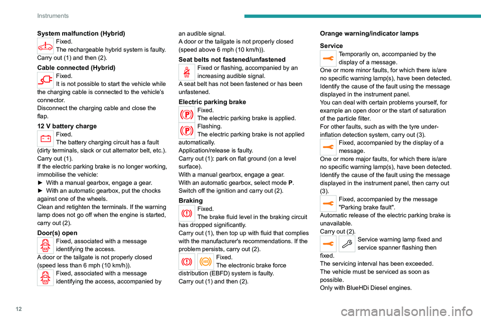 PEUGEOT 5008 2020 Owners Manual 12
Instruments
System malfunction (Hybrid)Fixed.
The rechargeable hybrid system is faulty.
Carry out (1) and then (2).
Cable connected (Hybrid)Fixed.
It is not possible to start the vehicle while
the PEUGEOT 5008 2020 Owners Manual 12
Instruments
System malfunction (Hybrid)Fixed.
The rechargeable hybrid system is faulty.
Carry out (1) and then (2).
Cable connected (Hybrid)Fixed.
It is not possible to start the vehicle while
the