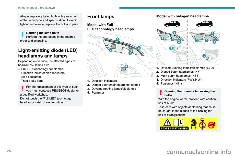 PEUGEOT 5008 2020 Owners Manual 202
In the event of a breakdown
Always replace a failed bulb with a new bulb
of the same type and specification. To avoid
lighting imbalance, replace the bulbs in pairs.
Refitting the lamp units
Per PEUGEOT 5008 2020 Owners Manual 202
In the event of a breakdown
Always replace a failed bulb with a new bulb
of the same type and specification. To avoid
lighting imbalance, replace the bulbs in pairs.
Refitting the lamp units
Per