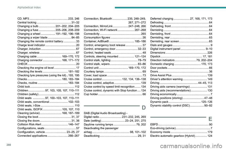 PEUGEOT 5008 2020 Owners Manual 280
Alphabetical index
CD, MP3 233, 246
Central locking
31–32
Changing a bulb
201–202, 204–205
Changing a fuse
205–206, 208–209
Changing a wheel
191–192, 196–198
C PEUGEOT 5008 2020 Owners Manual 280
Alphabetical index
CD, MP3 233, 246
Central locking
31–32
Changing a bulb
201–202, 204–205
Changing a fuse
205–206, 208–209
Changing a wheel
191–192, 196–198
C
