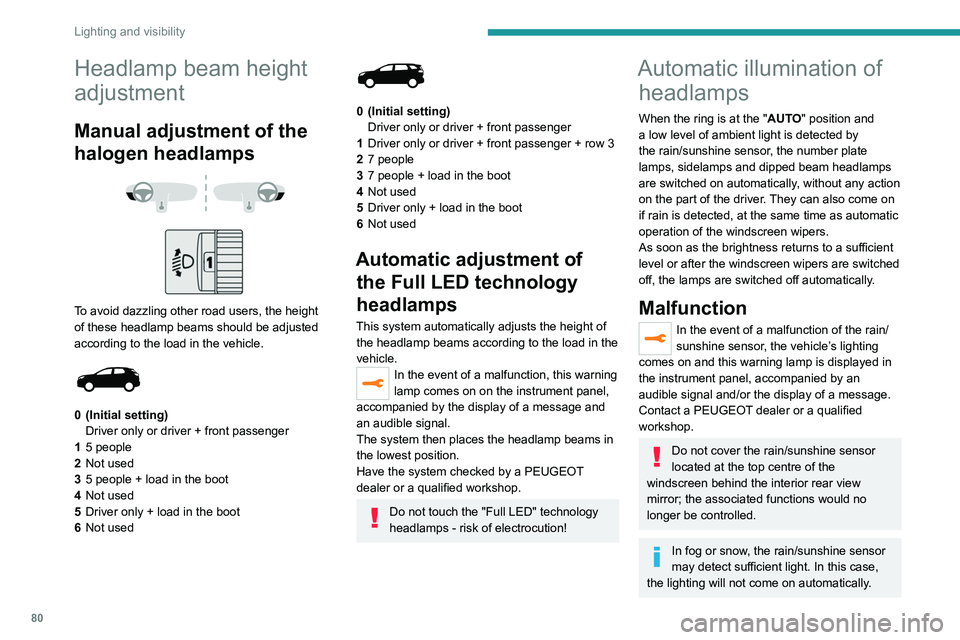 PEUGEOT 5008 2020 Owners Manual 80
Lighting and visibility
Headlamp beam height
adjustment
Manual adjustment of the
halogen headlamps
To avoid dazzling other road users, the height
of these headlamp beams should be adjust PEUGEOT 5008 2020 Owners Manual 80
Lighting and visibility
Headlamp beam height
adjustment
Manual adjustment of the
halogen headlamps
To avoid dazzling other road users, the height
of these headlamp beams should be adjust