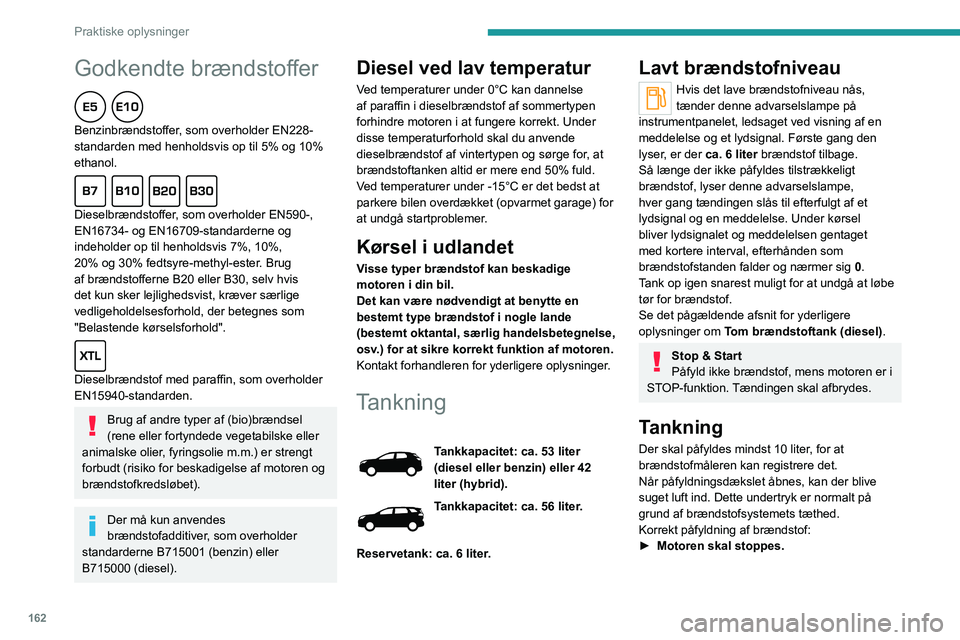 PEUGEOT 5008 2020 Brugsanvisning (in Danish) 162
Praktiske oplysninger
Godkendte brændstoffer
Benzinbrændstoffer, som overholder EN228-
standarden med henholdsvis op til 5% og 10%
ethanol.
Dieselbrændstoffer, som overholder EN590-,
EN1 PEUGEOT 5008 2020 Brugsanvisning (in Danish) 162
Praktiske oplysninger
Godkendte brændstoffer
Benzinbrændstoffer, som overholder EN228-
standarden med henholdsvis op til 5% og 10%
ethanol.
Dieselbrændstoffer, som overholder EN590-,
EN1