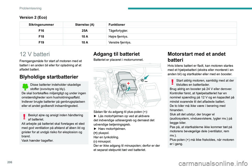 PEUGEOT 5008 2020 Brugsanvisning (in Danish) 206
Problemløsning
Version 2 (Eco)
SikringsnummerStørrelse (A) Funktioner
F16 25ATågeforlygter.
F18 10 AHøjre fjernlys.
F19 10 AVenstre fjernlys.
12 V batteri
Fremgangsmåde for start af motoren m PEUGEOT 5008 2020 Brugsanvisning (in Danish) 206
Problemløsning
Version 2 (Eco)
SikringsnummerStørrelse (A) Funktioner
F16 25ATågeforlygter.
F18 10 AHøjre fjernlys.
F19 10 AVenstre fjernlys.
12 V batteri
Fremgangsmåde for start af motoren m
