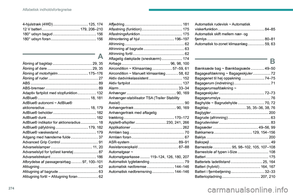 PEUGEOT 5008 2020 Brugsanvisning (in Danish) 274
Alfabetisk indholdsfortegnelse
4-hjulstræk (4WD) 125, 174
12 V batteri
179, 206–210
180° udsyn bagud
156
180° udsyn foran
156
A
Åbning af bagklap 29, 35
Åbning af dø PEUGEOT 5008 2020 Brugsanvisning (in Danish) 274
Alfabetisk indholdsfortegnelse
4-hjulstræk (4WD) 125, 174
12 V batteri
179, 206–210
180° udsyn bagud
156
180° udsyn foran
156
A
Åbning af bagklap 29, 35
Åbning af dø