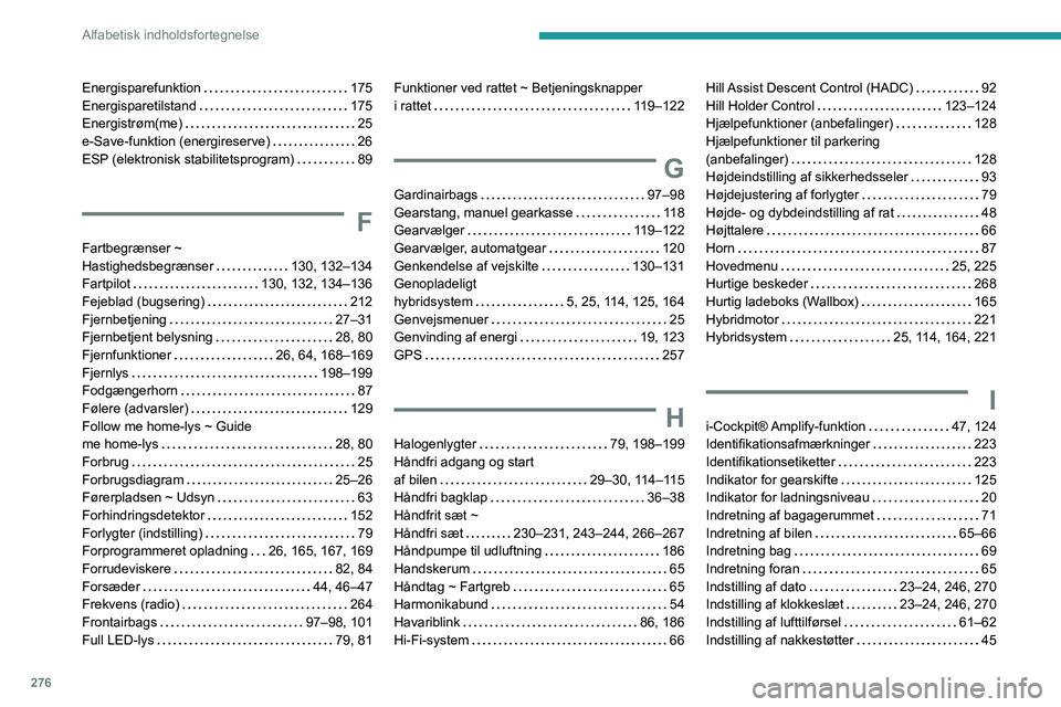 PEUGEOT 5008 2020 Brugsanvisning (in Danish) 276
Alfabetisk indholdsfortegnelse
Energisparefunktion 175
Energisparetilstand
175
Energistrøm(me)
25
e-Save-funktion (energireserve)
26
ESP (elektronisk stabilitetsprogram)
8 PEUGEOT 5008 2020 Brugsanvisning (in Danish) 276
Alfabetisk indholdsfortegnelse
Energisparefunktion 175
Energisparetilstand
175
Energistrøm(me)
25
e-Save-funktion (energireserve)
26
ESP (elektronisk stabilitetsprogram)
8