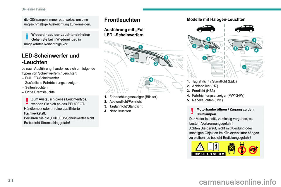 PEUGEOT 5008 2020  Betriebsanleitungen (in German) 218
Bei einer Panne
die Glühlampen immer paarweise, um eine 
ungleichmäßige Ausleuchtung zu vermeiden.
Wiedereinbau der Leuchteneinheiten
Gehen Sie beim Wiedereinbau in 
umgekehrter Reihenfolge vor