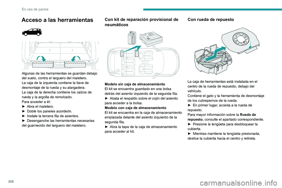 PEUGEOT 5008 2020  Manual del propietario (in Spanish) 208
En cas de panne
Acceso a las herramientas 
 
 
 
Algunas de las herramientas se guardan debajo 
del suelo, contra el larguero del maletero.
La caja de la izquierda contiene la llave de 
desmontaje
