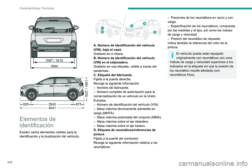 PEUGEOT 5008 2020  Manual del propietario (in Spanish) 244
Características Técnicas
 
 
 
Elementos de 
identificación
Existen varios elementos visibles para la 
identificación y la localización del vehículo.
 
 
A. Número de identificación del ve