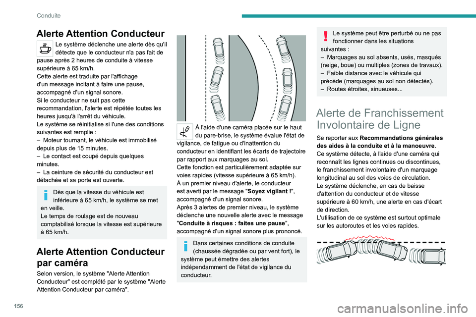 PEUGEOT 5008 2020 Manuel du propriétaire (in French) 156
Conduite
Alerte Attention Conducteur
Le système déclenche une alerte dès qu'il
détecte que le conducteur n'a pas fait de
pause après 2
heures de conduite à vitesse
supérieure PEUGEOT 5008 2020 Manuel du propriétaire (in French) 156
Conduite
Alerte Attention Conducteur
Le système déclenche une alerte dès qu'il
détecte que le conducteur n'a pas fait de
pause après 2
heures de conduite à vitesse
supérieure