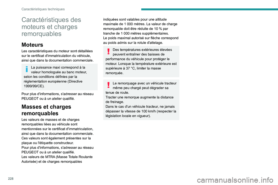 PEUGEOT 5008 2020 Manuel du propriétaire (in French) 228
Caractéristiques techniques
Caractéristiques des
moteurs et charges
remorquables
Moteurs
Les caractéristiques du moteur sont détaillées
sur le certificat d'immatriculation du véhicule PEUGEOT 5008 2020 Manuel du propriétaire (in French) 228
Caractéristiques techniques
Caractéristiques des
moteurs et charges
remorquables
Moteurs
Les caractéristiques du moteur sont détaillées
sur le certificat d'immatriculation du véhicule