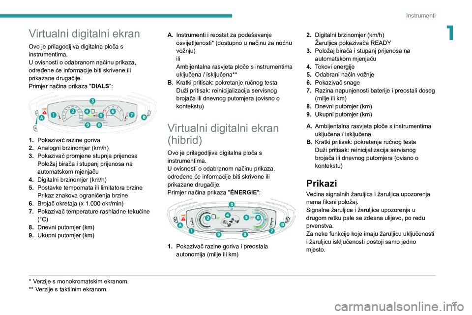 PEUGEOT 5008 2020 Upute Za Rukovanje (in Croatian) 9
Instrumenti
1Virtualni digitalni ekran
Ovo je prilagodljiva digitalna ploča s
instrumentima.
U ovisnosti o odabranom načinu prikaza,
određene će informacije biti skrivene ili
prikazane druga PEUGEOT 5008 2020 Upute Za Rukovanje (in Croatian) 9
Instrumenti
1Virtualni digitalni ekran
Ovo je prilagodljiva digitalna ploča s
instrumentima.
U ovisnosti o odabranom načinu prikaza,
određene će informacije biti skrivene ili
prikazane druga