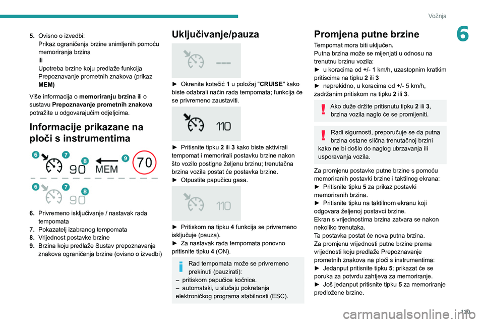 PEUGEOT 5008 2020 Upute Za Rukovanje (in Croatian) 139
Vožnja
65.Ovisno o izvedbi:
Prikaz ograničenja brzine snimljenih pomoću
memoriranja brzina
ili
Upotreba brzine koju predlaže funkcija
Prepoznavanje prometnih znakova (prikaz
MEM)
Više info PEUGEOT 5008 2020 Upute Za Rukovanje (in Croatian) 139
Vožnja
65.Ovisno o izvedbi:
Prikaz ograničenja brzine snimljenih pomoću
memoriranja brzina
ili
Upotreba brzine koju predlaže funkcija
Prepoznavanje prometnih znakova (prikaz
MEM)
Više info