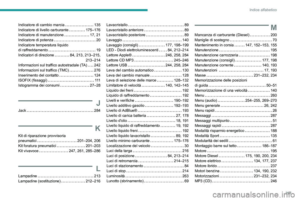 PEUGEOT 5008 2020 Manuale duso (in Italian) 297
Indice alfabetico
Indicatore di cambio marcia 135
Indicatore di livello carburante
175–176
Indicatore di manutenzione
17, 21
Indicatore di potenza
20
Indicatore temperatura li PEUGEOT 5008 2020 Manuale duso (in Italian) 297
Indice alfabetico
Indicatore di cambio marcia 135
Indicatore di livello carburante
175–176
Indicatore di manutenzione
17, 21
Indicatore di potenza
20
Indicatore temperatura li