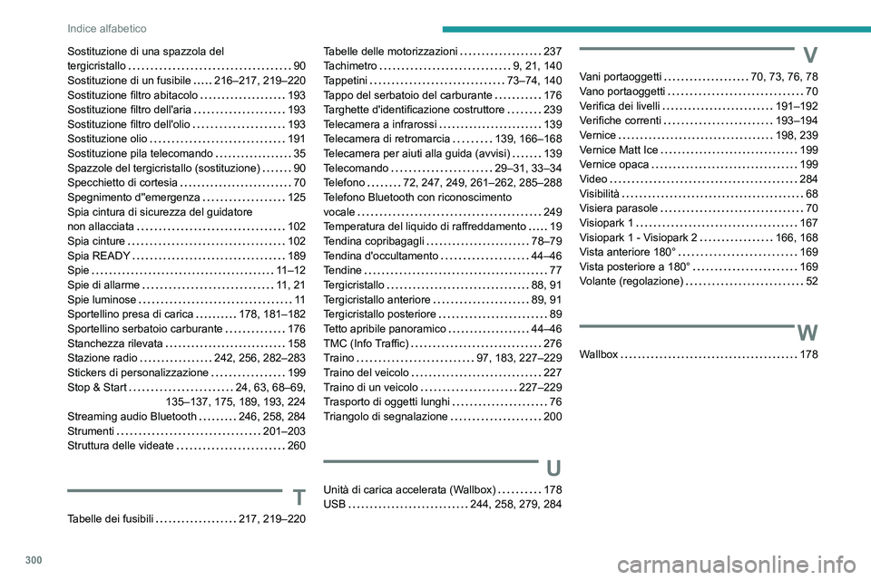 PEUGEOT 5008 2020  Manuale duso (in Italian) 300
Indice alfabetico
Sostituzione di una spazzola del  
tergicristallo    
90
Sostituzione di un fusibile
    
216–217, 219–220
Sostituzione filtro abitacolo
    
193
Sostituzione filtro dell'