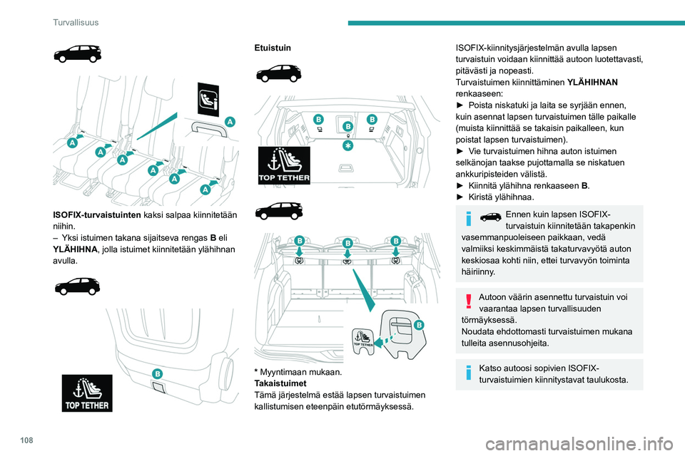 PEUGEOT 5008 2020  Omistajan Käsikirja (in Finnish) 108
Turvallisuus
Suositellut lasten 
ISOFIX-turvaistuimet
Katso myös turvaistuimen asennus- ja 
irrotusohjeet turvaistuimen valmistajan 
laatimista ohjeista.
RÖMER Baby-Safe Plus ja ISOFIX-telakka (