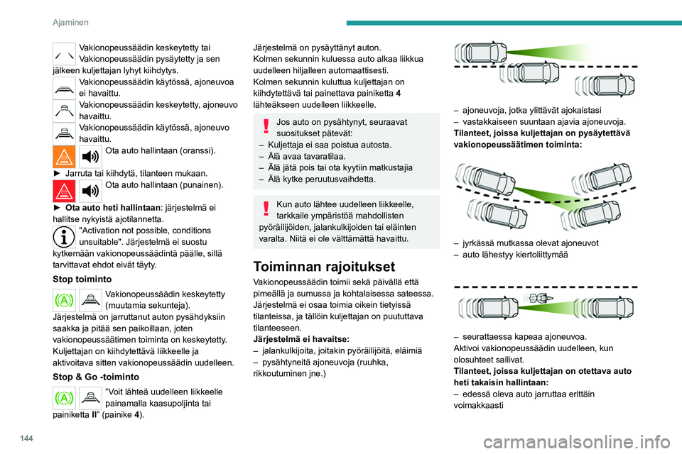 PEUGEOT 5008 2020 Omistajan Käsikirja (in Finnish) 144
Ajaminen
Vakionopeussäädin keskeytetty tai
Vakionopeussäädin pysäytetty ja sen
jälkeen kuljettajan lyhyt kiihdytys.
Vakionopeussäädin käytössä, ajoneuvoa
ei havaittu.
Vakionopeussä PEUGEOT 5008 2020 Omistajan Käsikirja (in Finnish) 144
Ajaminen
Vakionopeussäädin keskeytetty tai
Vakionopeussäädin pysäytetty ja sen
jälkeen kuljettajan lyhyt kiihdytys.
Vakionopeussäädin käytössä, ajoneuvoa
ei havaittu.
Vakionopeussä