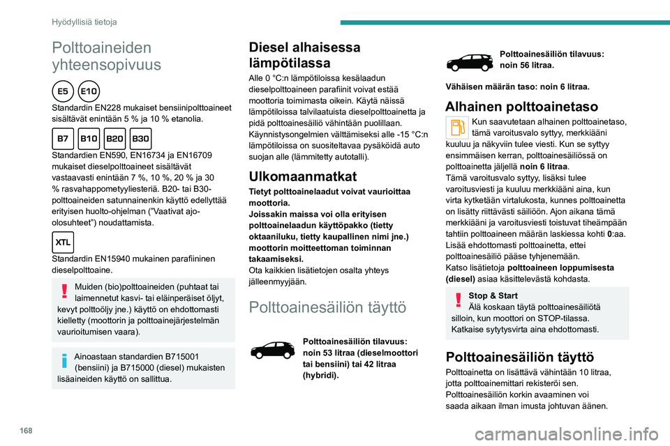 PEUGEOT 5008 2020 Omistajan Käsikirja (in Finnish) 168
Hyödyllisiä tietoja
Polttoaineiden
yhteensopivuus
Standardin EN228 mukaiset bensiinipolttoaineet
sisältävät enintään 5 % ja 10 % etanolia.
Standardien EN590, EN16734 ja EN16 PEUGEOT 5008 2020 Omistajan Käsikirja (in Finnish) 168
Hyödyllisiä tietoja
Polttoaineiden
yhteensopivuus
Standardin EN228 mukaiset bensiinipolttoaineet
sisältävät enintään 5 % ja 10 % etanolia.
Standardien EN590, EN16734 ja EN16