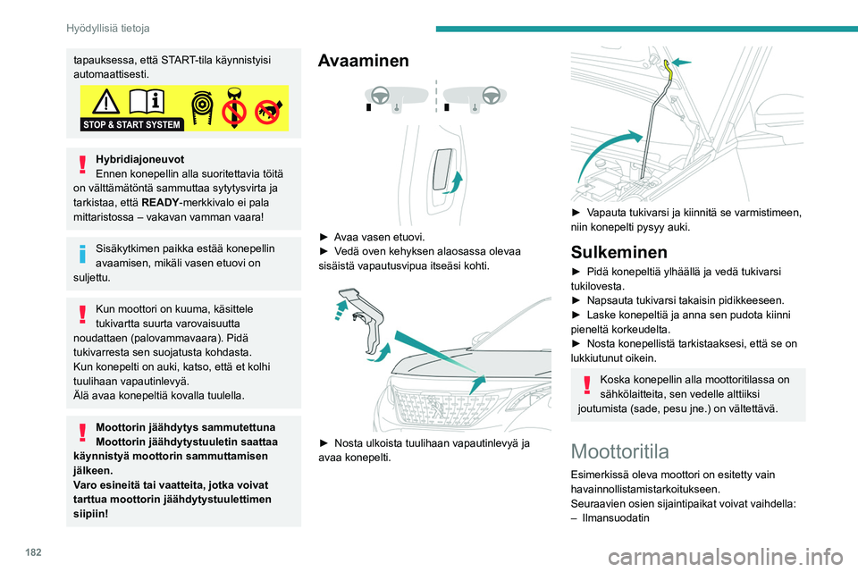 PEUGEOT 5008 2020 Omistajan Käsikirja (in Finnish) 182
Hyödyllisiä tietoja
– Moottoriöljyn mittatikku
– Moottoriöljyn täyttökorkki
– Ilmauspumppu
– Ilmausruuvi.
Bensiinimoottori
Dieselmoottori
1. Lasinpesunestesäiliö
2. Jäähdy PEUGEOT 5008 2020 Omistajan Käsikirja (in Finnish) 182
Hyödyllisiä tietoja
– Moottoriöljyn mittatikku
– Moottoriöljyn täyttökorkki
– Ilmauspumppu
– Ilmausruuvi.
Bensiinimoottori
Dieselmoottori
1. Lasinpesunestesäiliö
2. Jäähdy