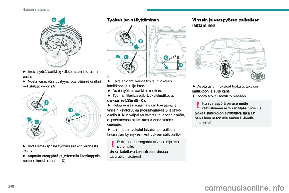 PEUGEOT 5008 2020 Omistajan Käsikirja (in Finnish) 200
Häiriön sattuessa
► Irrota pyörä/laatikkoyksikkö auton takaosan kautta.
► Nosta varapyörä pystyyn, jotta pääset käsiksi
työkalulaatikkoon (A
PEUGEOT 5008 2020 Omistajan Käsikirja (in Finnish) 200
Häiriön sattuessa
► Irrota pyörä/laatikkoyksikkö auton takaosan kautta.
► Nosta varapyörä pystyyn, jotta pääset käsiksi
työkalulaatikkoon (A