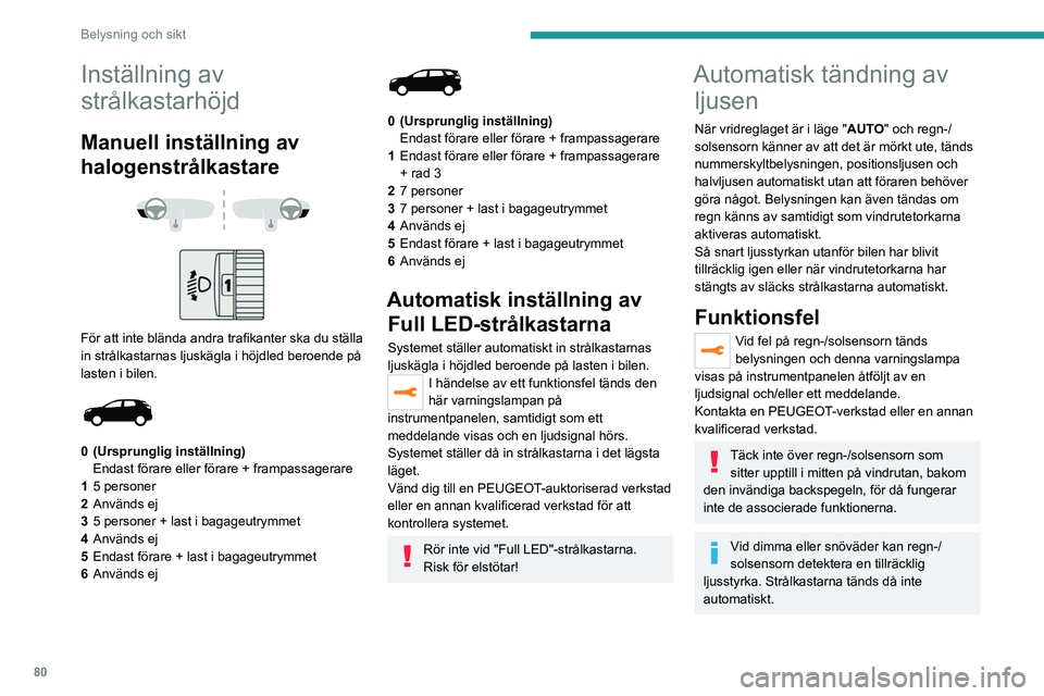 PEUGEOT 5008 2020 Bruksanvisningar (in Swedish) 80
Belysning och sikt
Inställning av
strålkastarhöjd
Manuell inställning av
halogenstrålkastare
För att inte blända andra trafikanter ska du ställa
in strålkastarnas ljuskägla i PEUGEOT 5008 2020 Bruksanvisningar (in Swedish) 80
Belysning och sikt
Inställning av
strålkastarhöjd
Manuell inställning av
halogenstrålkastare
För att inte blända andra trafikanter ska du ställa
in strålkastarnas ljuskägla i