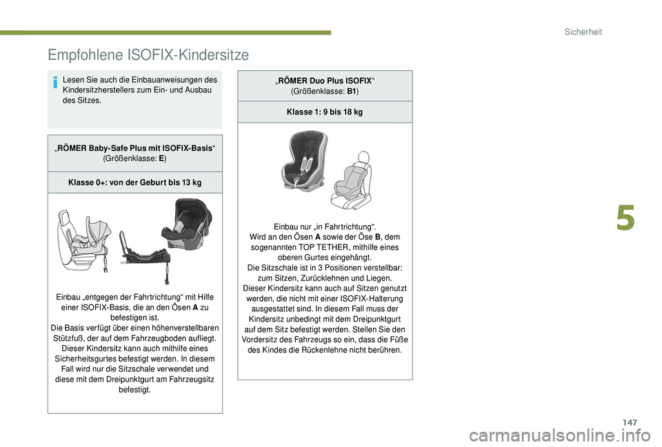 PEUGEOT 5008 2018 Betriebsanleitungen (in German) 147
Empfohlene ISOFIX-Kindersitze
Lesen Sie auch die Einbauanweisungen des
Kindersitzherstellers zum Ein- und Ausbau
des Sitzes.
„ RÖMER Baby- Safe Plus mit ISOFIX- Basis “
(Größenklasse: E ) PEUGEOT 5008 2018 Betriebsanleitungen (in German) 147
Empfohlene ISOFIX-Kindersitze
Lesen Sie auch die Einbauanweisungen des
Kindersitzherstellers zum Ein- und Ausbau
des Sitzes.
„ RÖMER Baby- Safe Plus mit ISOFIX- Basis “
(Größenklasse: E )