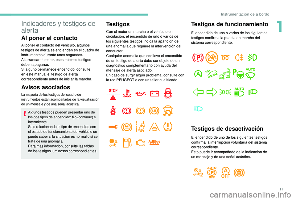 PEUGEOT 5008 2018 Manual del propietario (in Spanish) 11
Testigos de funcionamiento
El encendido de uno o varios de los siguientes
t estigos confirma la puesta en marcha del
sistema correspondiente.
Testigos de desactivación
El encendido de uno de los PEUGEOT 5008 2018 Manual del propietario (in Spanish) 11
Testigos de funcionamiento
El encendido de uno o varios de los siguientes
t estigos confirma la puesta en marcha del
sistema correspondiente.
Testigos de desactivación
El encendido de uno de los