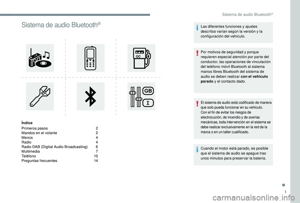 PEUGEOT 5008 2018 Manual del propietario (in Spanish) 1
Sistema de audio Bluetooth®
Índice
Primeros pasos
2
M
andos en el volante
2
M
enús
4
R
adio
4
R
adio DAB (Digital Audio Broadcasting)
6
M
ultimedia
7
T
eléfono
1
0
Pre PEUGEOT 5008 2018 Manual del propietario (in Spanish) 1
Sistema de audio Bluetooth®
Índice
Primeros pasos
2
M
andos en el volante
2
M
enús
4
R
adio
4
R
adio DAB (Digital Audio Broadcasting)
6
M
ultimedia
7
T
eléfono
1
0
Pre