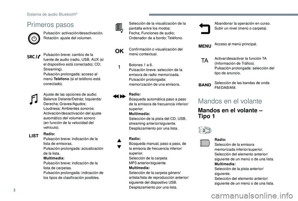 PEUGEOT 5008 2018 Manual del propietario (in Spanish) 2
Primeros pasos
Pulsación: activación/desactivación.
Rotación: ajuste del volumen.
Pulsación breve: cambio de la
fuente de audio (radio, USB, AUX (si
el dispositivo está conectado); CD;
Stre PEUGEOT 5008 2018 Manual del propietario (in Spanish) 2
Primeros pasos
Pulsación: activación/desactivación.
Rotación: ajuste del volumen.
Pulsación breve: cambio de la
fuente de audio (radio, USB, AUX (si
el dispositivo está conectado); CD;
Stre