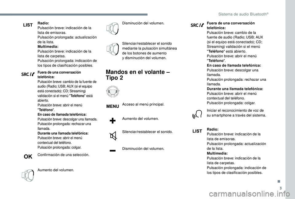 PEUGEOT 5008 2018 Manual del propietario (in Spanish) 3
Radio:
Pulsación breve: indicación de la
lista de emisoras.
Pulsación prolongada: actualización
de la lista.
Multimedia:
Pulsación breve: indicación de la
lista de carpetas.
Pulsación prol PEUGEOT 5008 2018 Manual del propietario (in Spanish) 3
Radio:
Pulsación breve: indicación de la
lista de emisoras.
Pulsación prolongada: actualización
de la lista.
Multimedia:
Pulsación breve: indicación de la
lista de carpetas.
Pulsación prol