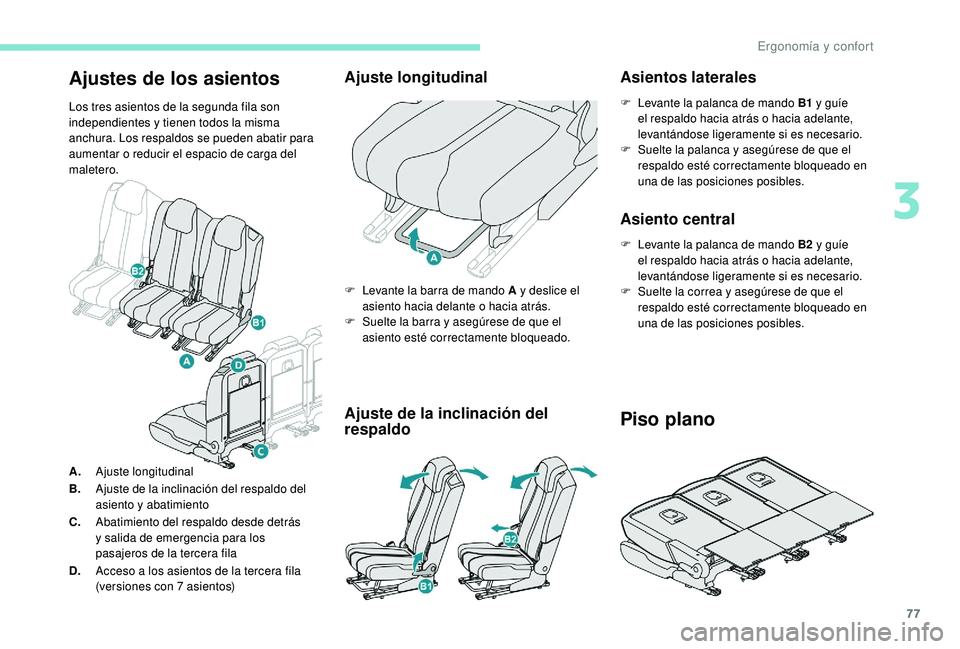 PEUGEOT 5008 2018 Manual del propietario (in Spanish) 77
Ajustes de los asientos
Los tres asientos de la segunda fila son
independientes y tienen todos la misma
anchura. Los respaldos se pueden abatir para
aumentar o
reducir el espacio de carga del PEUGEOT 5008 2018 Manual del propietario (in Spanish) 77
Ajustes de los asientos
Los tres asientos de la segunda fila son
independientes y tienen todos la misma
anchura. Los respaldos se pueden abatir para
aumentar o
reducir el espacio de carga del