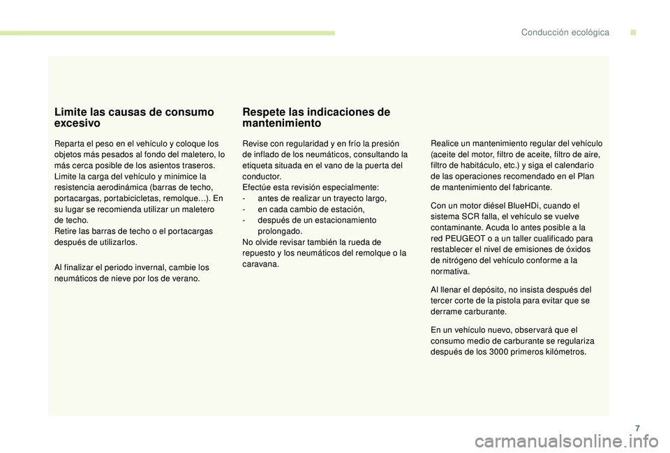 PEUGEOT 5008 2018 Manual del propietario (in Spanish) 7
Limite las causas de consumo
excesivo
Reparta el peso en el vehículo y coloque los
o bjetos más pesados al fondo del maletero, lo
más cerca posible de los asientos traseros.
Limite la carga de PEUGEOT 5008 2018 Manual del propietario (in Spanish) 7
Limite las causas de consumo
excesivo
Reparta el peso en el vehículo y coloque los
o bjetos más pesados al fondo del maletero, lo
más cerca posible de los asientos traseros.
Limite la carga de