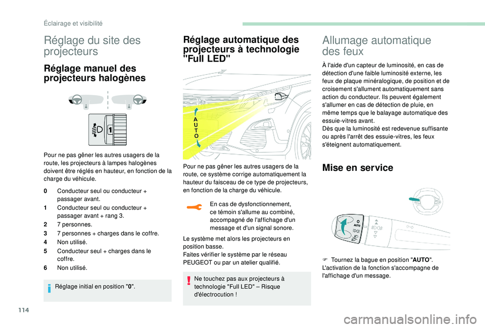PEUGEOT 5008 2018 Manuel du propriétaire (in French) 114
Réglage du site des
projecteurs
Réglage manuel des
projecteurs halogènes
Pour ne pas gêner les autres usagers de la
route, les projecteurs à lampes halogènes
doivent être réglés en ha PEUGEOT 5008 2018 Manuel du propriétaire (in French) 114
Réglage du site des
projecteurs
Réglage manuel des
projecteurs halogènes
Pour ne pas gêner les autres usagers de la
route, les projecteurs à lampes halogènes
doivent être réglés en ha
