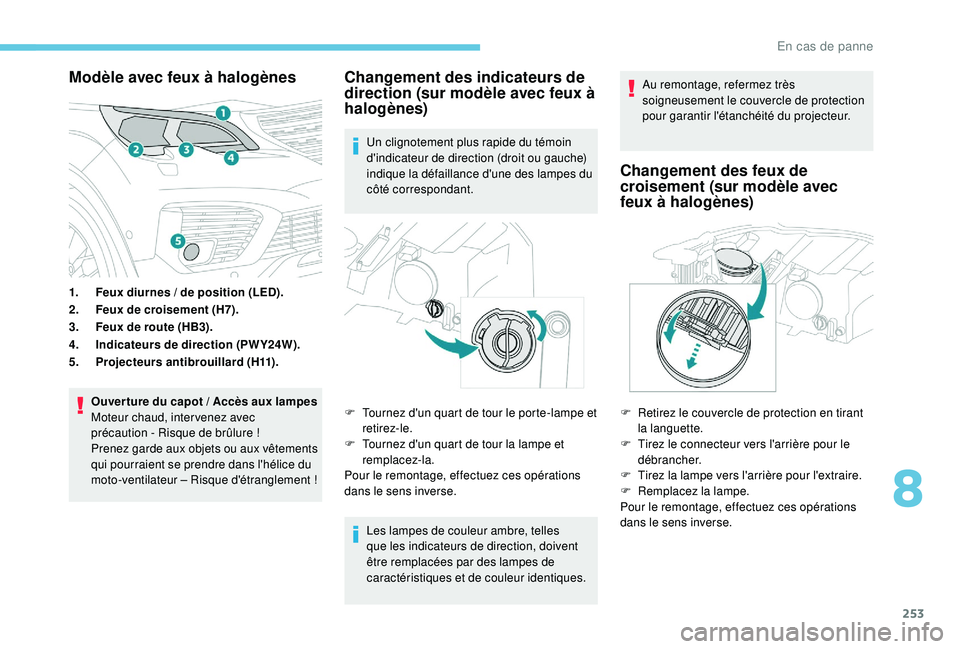 PEUGEOT 5008 2018 Manuel du propriétaire (in French) 253
Modèle avec feux à halogènes
1.Feux diurnes / de position (LED).
2. Feux de croisement (H7).
3. Feux de route (HB3).
4. Indicateurs de direction (PWY24W).
5. Projecteurs antibrouillard (H11). PEUGEOT 5008 2018 Manuel du propriétaire (in French) 253
Modèle avec feux à halogènes
1.Feux diurnes / de position (LED).
2. Feux de croisement (H7).
3. Feux de route (HB3).
4. Indicateurs de direction (PWY24W).
5. Projecteurs antibrouillard (H11).
