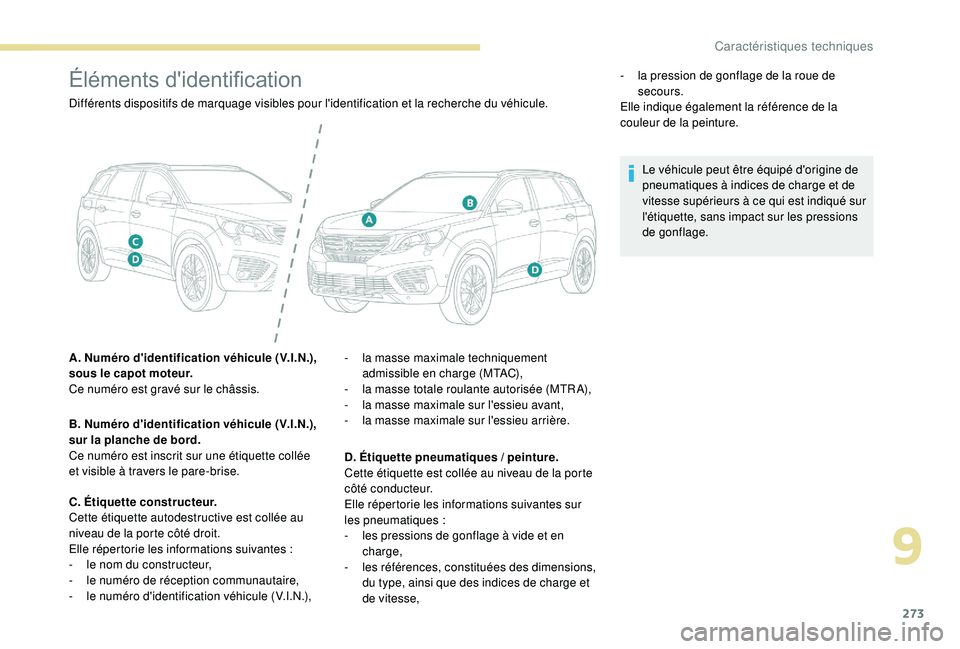 PEUGEOT 5008 2018 Manuel du propriétaire (in French) 273
Éléments d'identification
Différents dispositifs de marquage visibles pour l'identification et la recherche du véhicule.
A. Numéro d'identification véhicule (V.I.N.),
sous le ca PEUGEOT 5008 2018 Manuel du propriétaire (in French) 273
Éléments d'identification
Différents dispositifs de marquage visibles pour l'identification et la recherche du véhicule.
A. Numéro d'identification véhicule (V.I.N.),
sous le ca