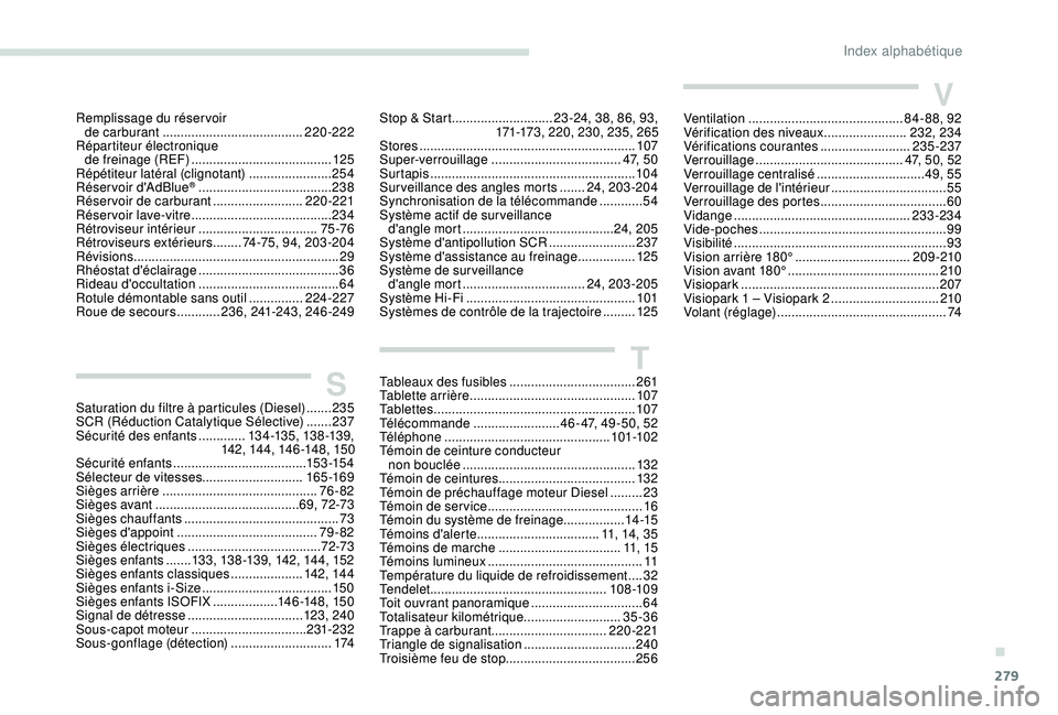 PEUGEOT 5008 2018 Manuel du propriétaire (in French) 279
VVentilation ........................................... 84- 88, 92
Vérification des niveaux .......................232, 234
Vérifications courantes
.........................235-237
Verrouil PEUGEOT 5008 2018 Manuel du propriétaire (in French) 279
VVentilation ........................................... 84- 88, 92
Vérification des niveaux .......................232, 234
Vérifications courantes
.........................235-237
Verrouil