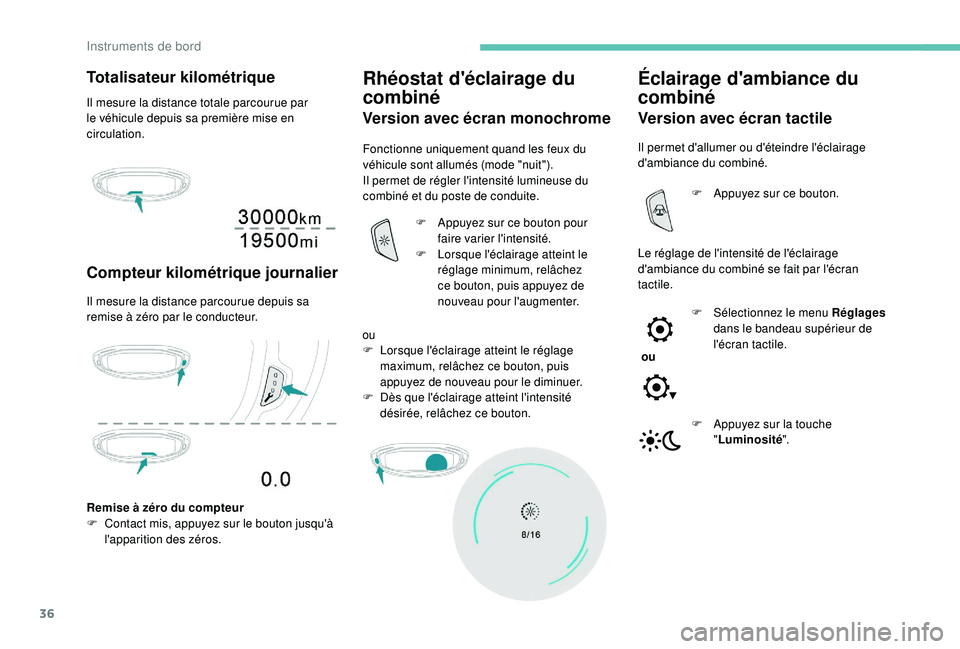 PEUGEOT 5008 2018 Manuel du propriétaire (in French) 36
Totalisateur kilométrique
Il mesure la distance totale parcourue par
le véhicule depuis sa première mise en
circulation.
Compteur kilométrique journalier
Il mesure la distance parcourue depui PEUGEOT 5008 2018 Manuel du propriétaire (in French) 36
Totalisateur kilométrique
Il mesure la distance totale parcourue par
le véhicule depuis sa première mise en
circulation.
Compteur kilométrique journalier
Il mesure la distance parcourue depui