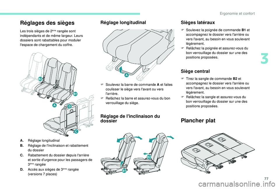 PEUGEOT 5008 2018 Manuel du propriétaire (in French) 77
Réglages des sièges
Les trois sièges de 2ème rangée sont
indépendants et de même largeur. Leurs
dossiers sont rabattables pour moduler
l'espace de chargement du coffre.
Réglage longi PEUGEOT 5008 2018 Manuel du propriétaire (in French) 77
Réglages des sièges
Les trois sièges de 2ème rangée sont
indépendants et de même largeur. Leurs
dossiers sont rabattables pour moduler
l'espace de chargement du coffre.
Réglage longi