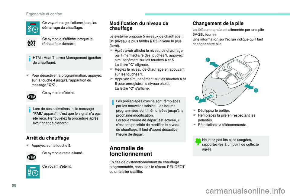 PEUGEOT 5008 2018 Manuel du propriétaire (in French) 98
HTM : Heat Thermo Management (gestion
d u chauffage).
F
P
our désactiver la programmation, appuyez
sur la touche 4 jusqu'à l'apparition du
message " OK".
Lors de ces opérat PEUGEOT 5008 2018 Manuel du propriétaire (in French) 98
HTM : Heat Thermo Management (gestion
d u chauffage).
F
P
our désactiver la programmation, appuyez
sur la touche 4 jusqu'à l'apparition du
message " OK".
Lors de ces opérat