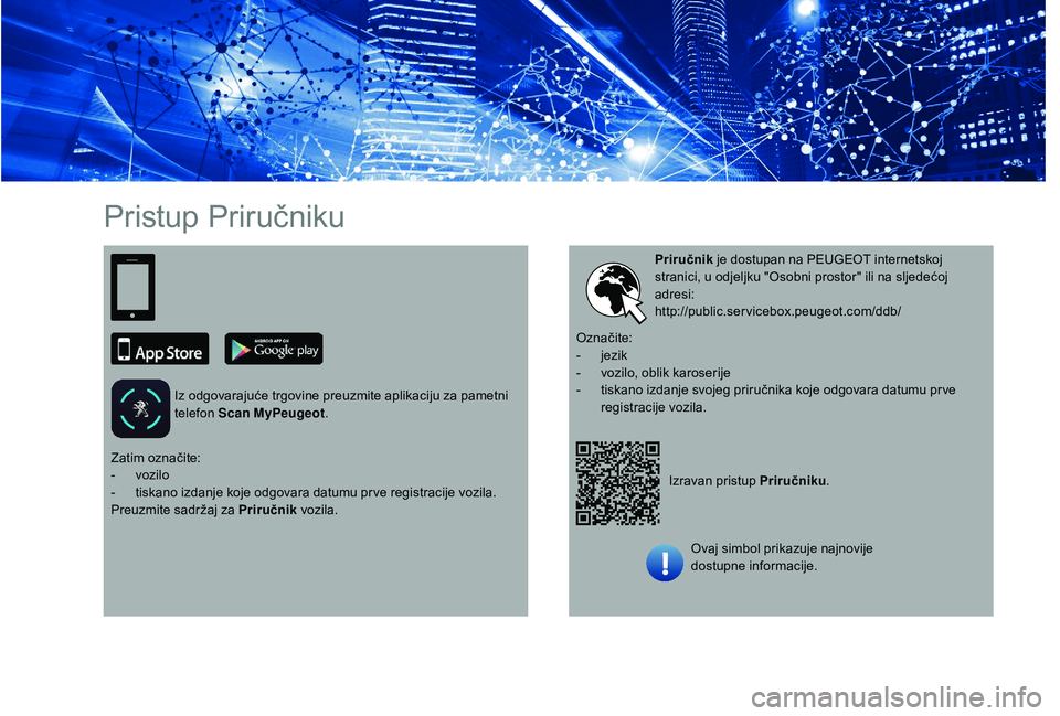 PEUGEOT 5008 2018  Upute Za Rukovanje (in Croatian) Pristup Priručniku
Iz odgovarajuće trgovine preuzmite aplikaciju za pametni 
telefon Scan MyPeugeot .
Izravan pristup Priručniku.
Priručnik
 je dostupan na PEUGEOT internetskoj 
stranici, u odjelj