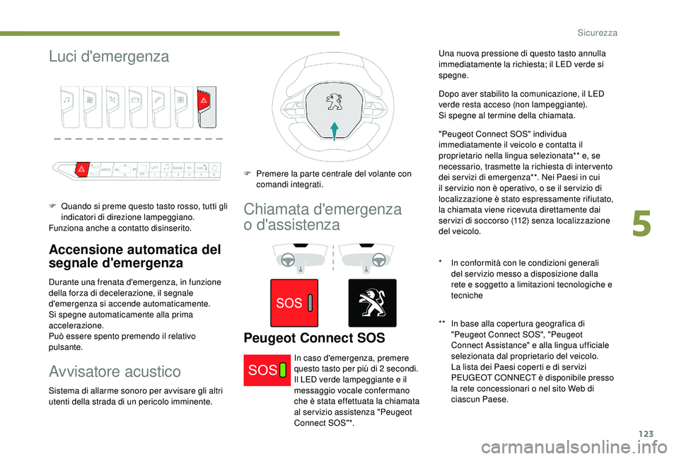 PEUGEOT 5008 2018 Manuale duso (in Italian) 123
Luci d'emergenza
F Quando si preme questo tasto rosso, tutti gli indicatori di direzione lampeggiano.
Funziona anche a
contatto disinserito.
Accensione automatica del
segnale d'emergen PEUGEOT 5008 2018 Manuale duso (in Italian) 123
Luci d'emergenza
F Quando si preme questo tasto rosso, tutti gli indicatori di direzione lampeggiano.
Funziona anche a
contatto disinserito.
Accensione automatica del
segnale d'emergen